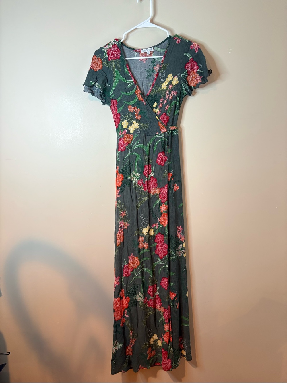 Patrons of Peace Olive Green Botanical Floral Print Maxi Dress EUC